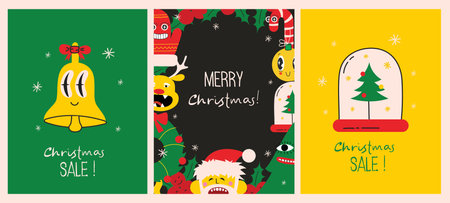 Merry Christmas and Happy New Year 2023. Vector trendy abstract illustrations of holiday card with santa claus, deer, crazy geometric shapes, christmas tree and wreath for poster.のイラスト素材