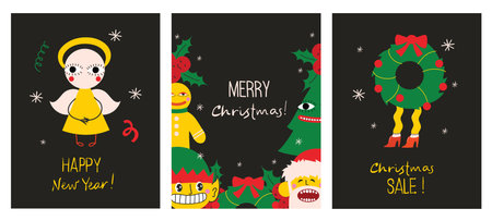 Merry Christmas and Happy New Year 2023. Vector trendy abstract illustrations of holiday card with santa claus, deer, crazy geometric shapes, christmas tree and wreath for poster.のイラスト素材