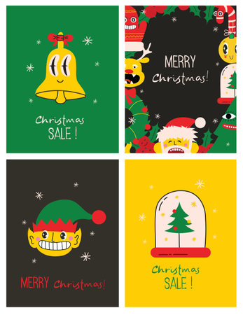 Merry Christmas and Happy New Year 2023. Vector trendy abstract illustrations of holiday card with santa claus, deer, crazy geometric shapes, christmas tree and wreath for poster.のイラスト素材