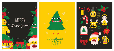 Merry Christmas and Happy New Year 2023. Vector trendy abstract illustrations of holiday card with santa claus, deer, crazy geometric shapes, christmas tree and wreath for poster.のイラスト素材