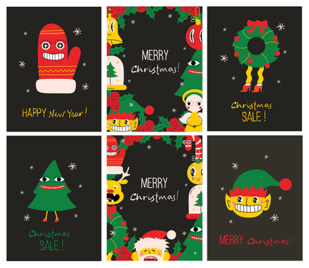 Merry Christmas and Happy New Year 2023. Vector trendy abstract illustrations of holiday card with santa claus, deer, crazy geometric shapes, christmas tree and wreath for poster.のイラスト素材