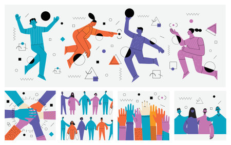 Young men and women with abstract geometric shapes. Team building and teamwork concept. Business partnership, cooperation and communication. Modern flat cartoon style.のイラスト素材