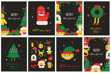 Merry Christmas and Happy New Year 2023. Vector trendy abstract illustrations of holiday card with santa claus, deer, crazy geometric shapes, christmas tree and wreath for poster.のイラスト素材