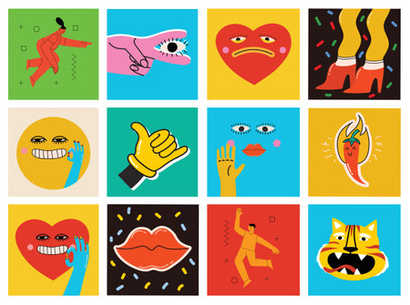 Big Set of Different colored Vector illustartions for posters in Cartoon Flat design. Hand drawn Abstract shapes, faces, different texture funny Comic characters.のイラスト素材
