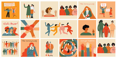 Women friendship group. Diverse female team standing together, holding hands, girls power, multinational sisterhood community vector illustration. Friendship group females, people diversityのイラスト素材