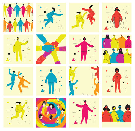 Young men and women with abstract geometric shapes. Team building and teamwork concept. Business partnership, cooperation and communication. Modern flat cartoon style.のイラスト素材