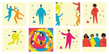 Young men and women with abstract geometric shapes. Team building and teamwork concept. Business partnership, cooperation and communication. Modern flat cartoon style.のイラスト素材
