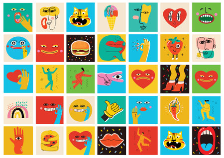 Big Set of Different colored Vector illustartions for posters in Cartoon Flat design. Hand drawn Abstract shapes, faces, different texture funny Comic characters.のイラスト素材