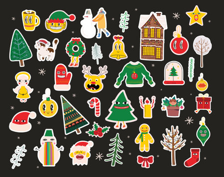 Christmas sticker icon set. Vintage christmas and Happy 2023 New Year elements. Vector illustration, Holiday poster with Christmas symbols.のイラスト素材