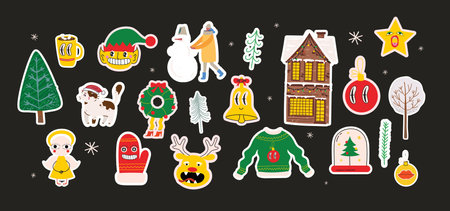 Christmas sticker icon set. Vintage christmas and Happy 2023 New Year elements. Vector illustration, Holiday poster with Christmas symbols.のイラスト素材