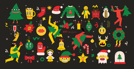 Merry Christmas and Happy New Year 2023. Vector trendy abstract illustrations of holiday card with santa claus, deer, crazy geometric shapes, christmas tree and wreath for poster.のイラスト素材