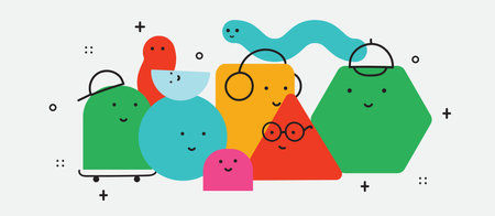 Vector illustration of geometric character shapes with face emotions, cute colorful shape for children education.のイラスト素材