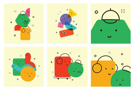 Vector illustration of geometric character shapes with face emotions, cute colorful shape for children education.のイラスト素材