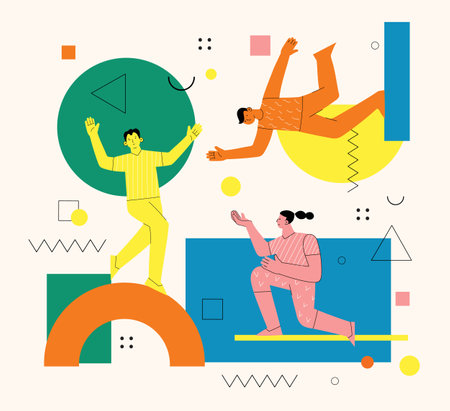 Young men and women with abstract geometric shapes. Team building and teamwork concept. Business partnership, cooperation and communication. Modern flat cartoon style.のイラスト素材