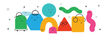 Vector illustration of geometric character shapes with face emotions, cute colorful shape for children education.のイラスト素材