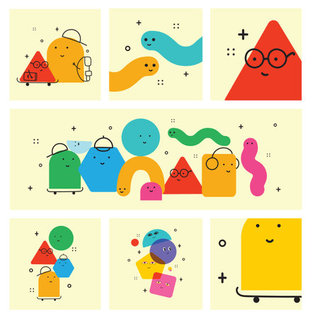 Vector illustration of geometric character shapes with face emotions, cute colorful shape for children education.のイラスト素材