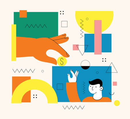 People sending, transfering money, coins from debit card, credit card, replenishment of balance, account on Internet. Banking service, successful contactless payment transaction.のイラスト素材