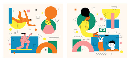 People sending, transfering money, coins from debit card, credit card, replenishment of balance, account on Internet. Banking service, successful contactless payment transaction.のイラスト素材