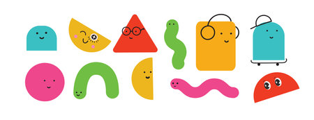 Vector illustration of geometric character shapes with face emotions, cute colorful shape for children education.のイラスト素材