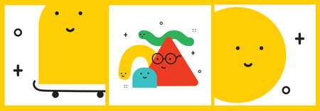 Vector illustration of geometric character shapes with face emotions, cute colorful shape for children education.のイラスト素材