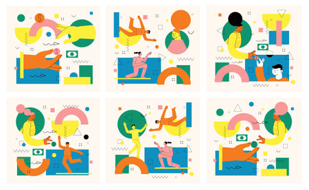 People sending, transfering money, coins from debit card, credit card, replenishment of balance, account on Internet. Banking service, successful contactless payment transaction.のイラスト素材