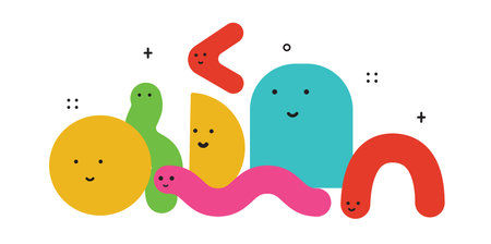 Cute cartoon geometric figures with different face emotions, funny poster idea for kids. Colorful characters with textures, trendy vector illustrations, basic various figuresのイラスト素材
