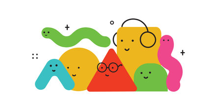 Cute cartoon geometric figures with different face emotions, funny poster idea for kids. Colorful characters with textures, trendy vector illustrations, basic various figuresのイラスト素材