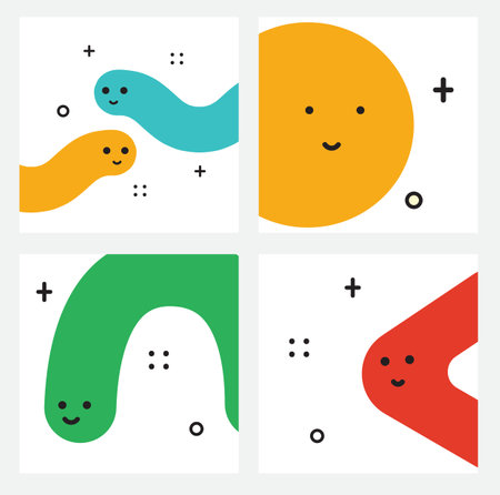 Cute cartoon geometric figures with different face emotions, funny poster idea for kids. Colorful characters with textures, trendy vector illustrations, basic various figuresのイラスト素材