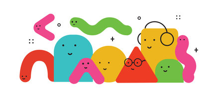 Cute cartoon geometric team concept with figures with different face emotions, funny poster idea for...