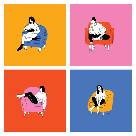 Young fashion women or girls sitting on the arm chair or sofa at home. Female character visiting friend, relaxing after work, models sitting in various poses. Cartoon hand drawn illustrationのイラスト素材