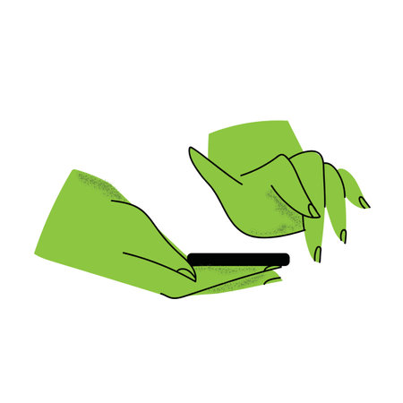 Hands holding smartphone. Vector icon of people hold smartphone or using touch gestures for mobile phone while reading. Press and point, pich and unpinch, rotate and swipe symbol.のイラスト素材