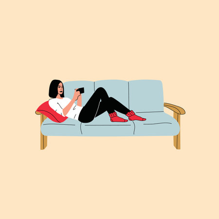 Woman sitting on sofa holds smartphone in her hand. Casual lady and browsing social media on mobile device. Girl on couch uses phone for chatting and surfing internetのイラスト素材