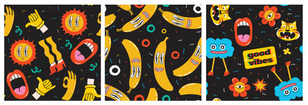 Seamless pattern with crazy comic faces, creepy characters and colorful geometric shapes with...