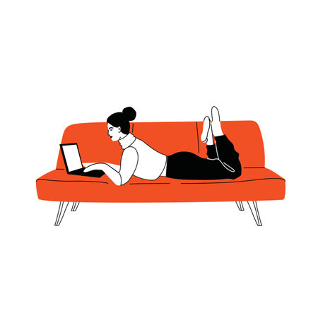 Girl sitting on sofa at home. Woman with laptop on the couch. Freelance or studying concept. Female character, chatting online using laptop, restingのイラスト素材