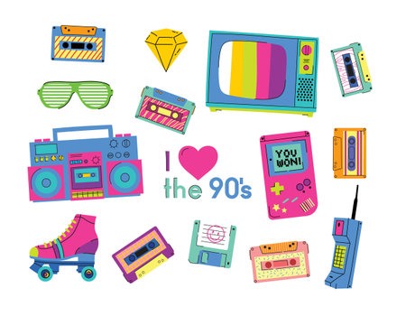 Set of the patch Badges with tape recorder, cassette, rolls, tv and sheet music. Pop art elements on...