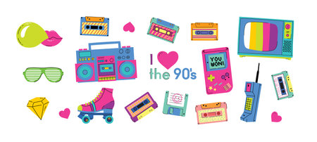 Set of the patch Badges with tape recorder, cassette, rolls, tv and sheet music. Pop art elements on a white backgroundのイラスト素材