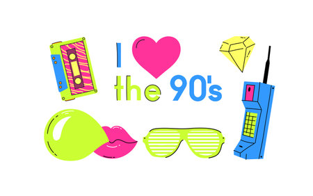 Set of the patch Badges with tape recorder, cassette, rolls, tv and sheet music. Pop art elements on...