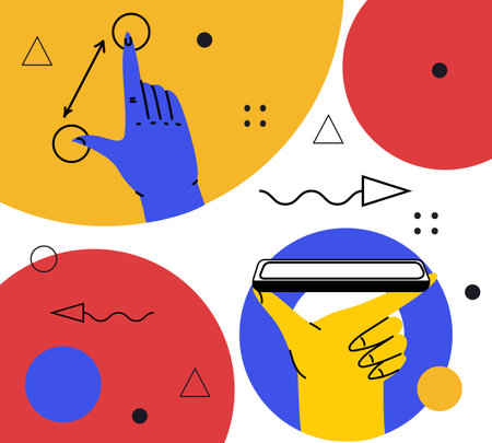 Hands holding smartphone. Vector icon of people hold smartphone or using touch gestures for mobile phone while reading. Press and point, pich and unpinch, rotate and swipe symbol.のイラスト素材