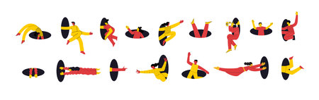 Search, explore concept. Different people coming, flying, jumping, looking through and out of holes. Happy enthusiastic funny men and women. Graphic vector illustrationのイラスト素材