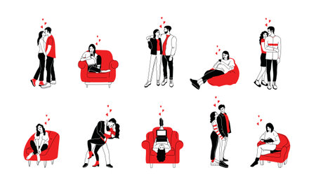 Valentines day concept, icon set of couples in love over white background, colorful minimalistic simple design, vector illustrationのイラスト素材