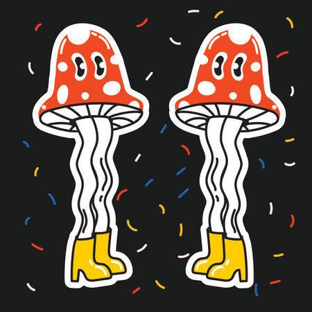 Retro 70s psychedelic hippie mushroom illustration print for t-shirt, sticker poster backgroundのイラスト素材