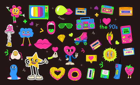 Hand drawn Vector illustrations of Set of Various retro patches, pins, stamps or stickers with abstract funny cute comic characters.のイラスト素材