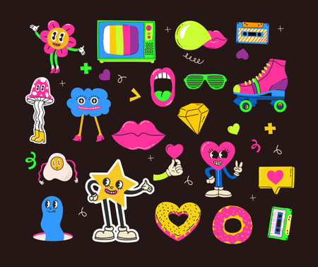 Hand drawn Vector illustrations of Set of Various retro patches, pins, stamps or stickers with abstract funny cute comic characters.のイラスト素材