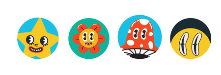 Set of Vector highlight covers. Collection of elements in trendy retro cartoon style. Hand drawn templates. Round icons for social media stories. Perfect for bloggersのイラスト素材