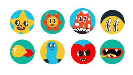 Set of Vector highlight covers. Collection of elements in trendy retro cartoon style. Hand drawn templates. Round icons for social media stories. Perfect for bloggersのイラスト素材