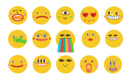 Set of Vector highlight covers. Collection of elements in trendy retro cartoon style. Hand drawn templates. Round icons for social media stories. Perfect for bloggersのイラスト素材