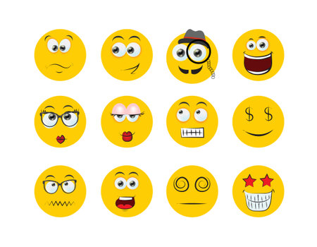Round abstract comic Faces with various Emotions. Cartoon drawing style. Different colorful characters, Flat design. Hand drawn trendy Vector illustration.のイラスト素材
