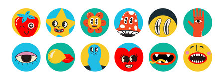 Set of Vector highlight covers. Collection of elements in trendy retro cartoon style. Hand drawn templates. Round icons for social media stories. Perfect for bloggersのイラスト素材
