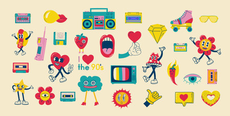 70s groovy illustrations for the posters, cards or stickers with hippie cute colorful funky character concepts of crazy geometric, dripping emoticon. Only good vibes sentenceのイラスト素材