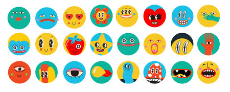 Set of Vector highlight covers. Collection of elements in trendy retro cartoon style. Hand drawn templates. Round icons for social media stories. Perfect for bloggersのイラスト素材
